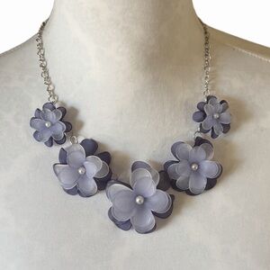 Lavender / Slate Blue Layered Flower Statement Necklace – Silver Tone Chain